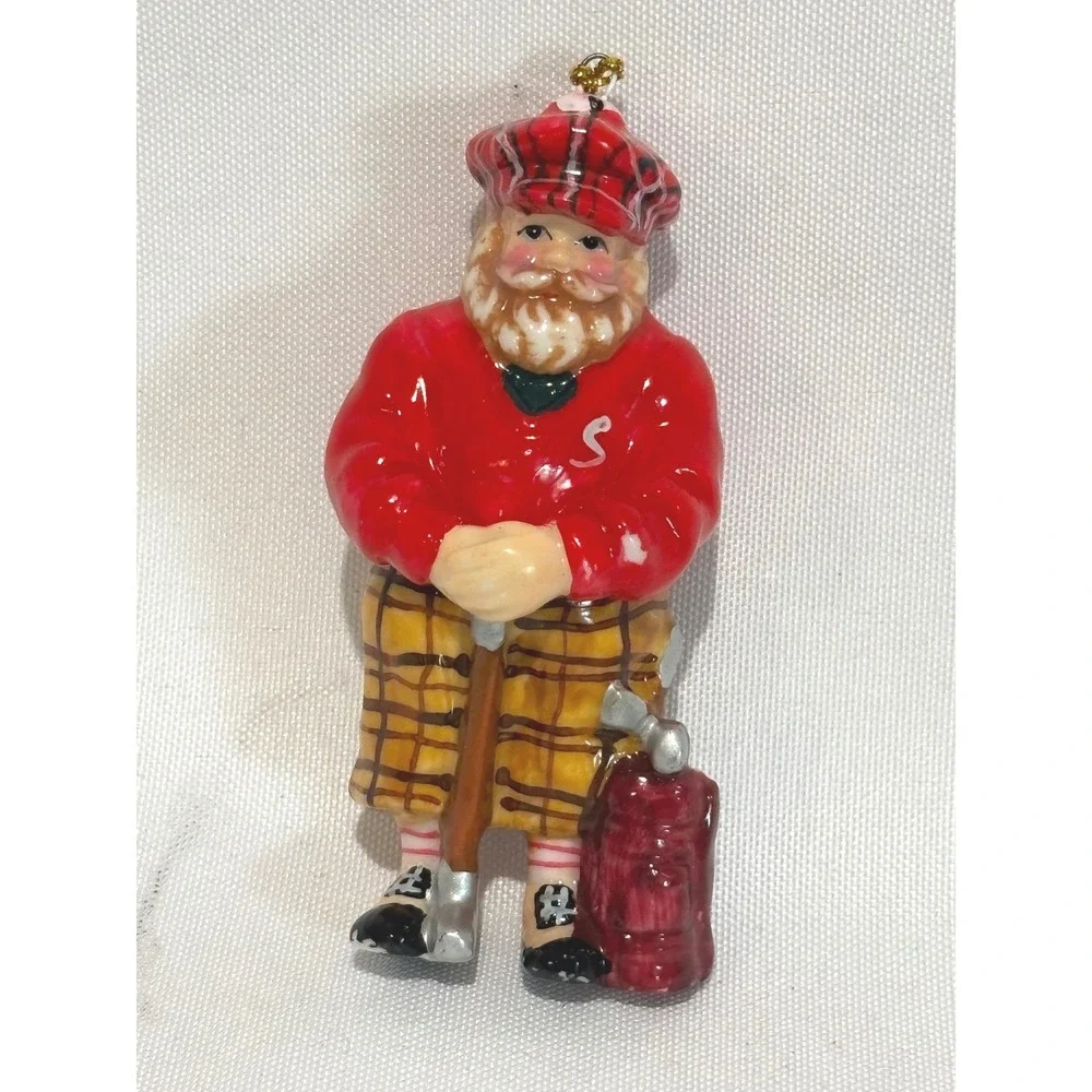 Ceramic Golfing Santa Claus Christmas Ornament Plaid Knickers 3.5 Collector Gift